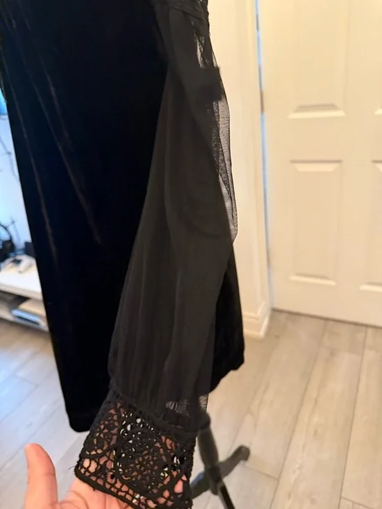 Zara Black Lace-Yoke Velvet Long-Sleeve Mini Dress - Picture 2 of 3